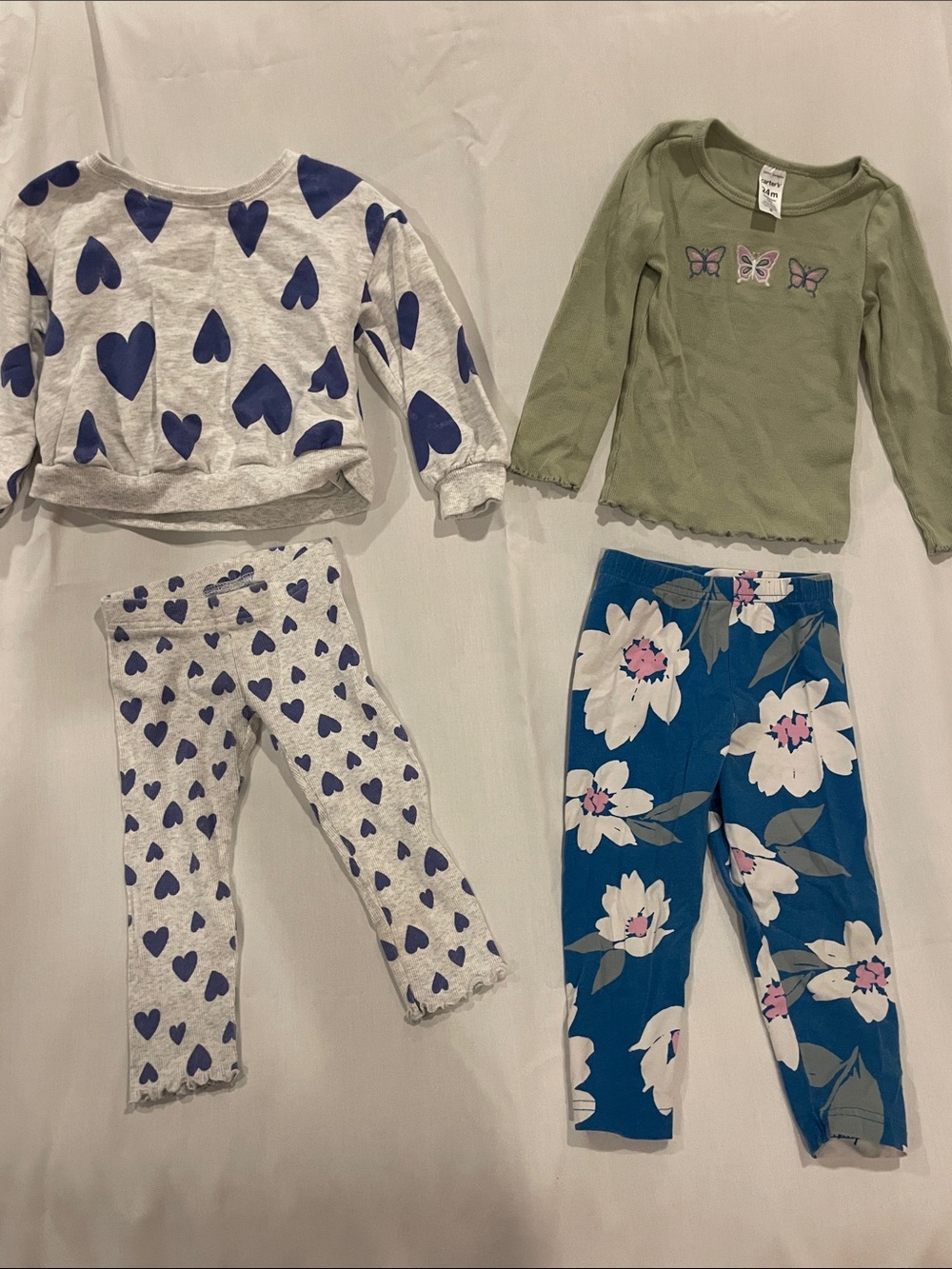 Kids Pajama Set - Green Butterfly Top & Blue Floral / White Heart Pants